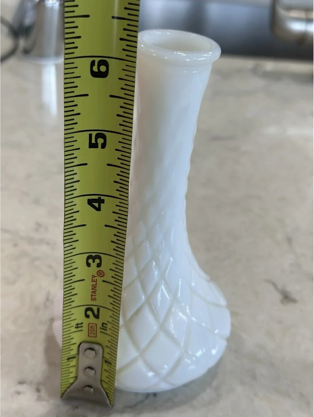 Vintage  Hoosier Glass white milk glass bud vase Quilted Diamond Pattern 6 Inch